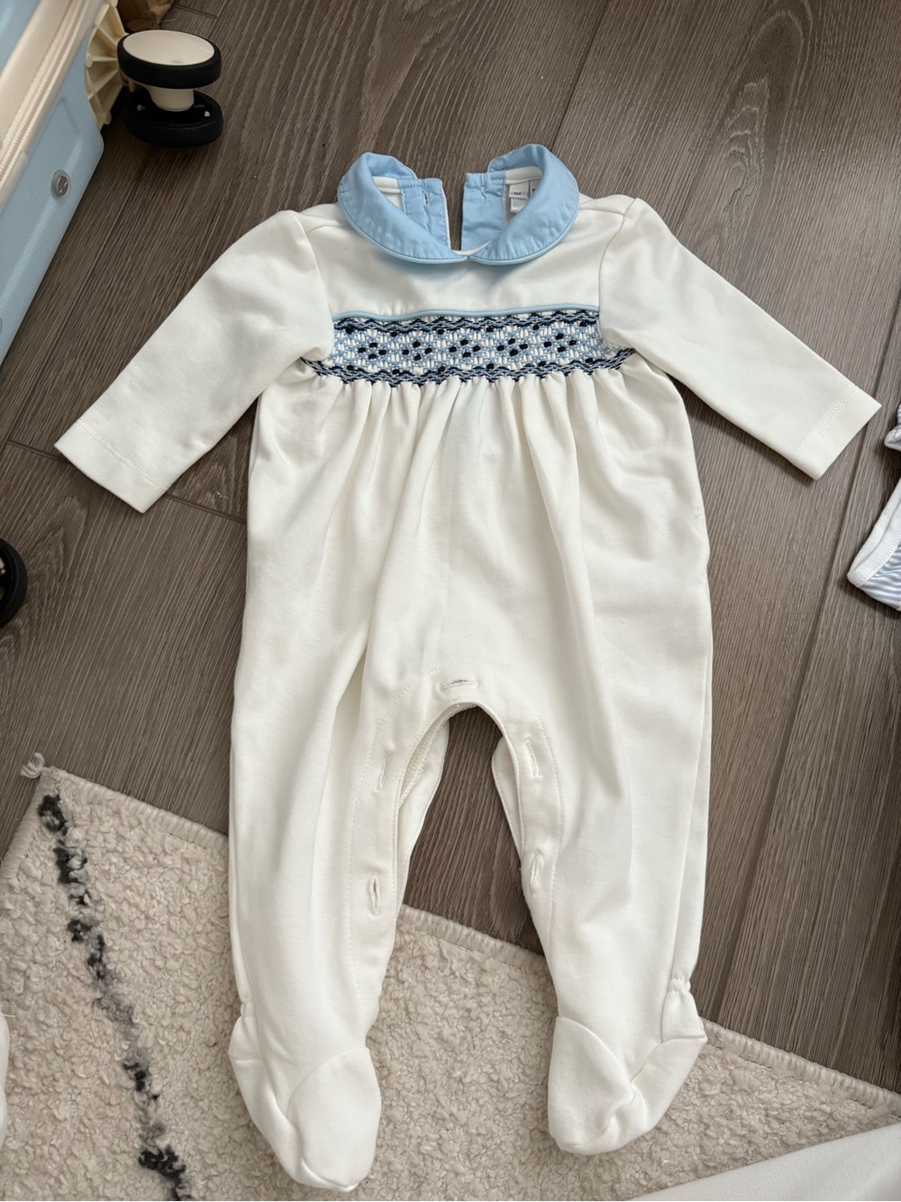 Rachel Riley White Footie with Light Blue Collar and Navy Smocking